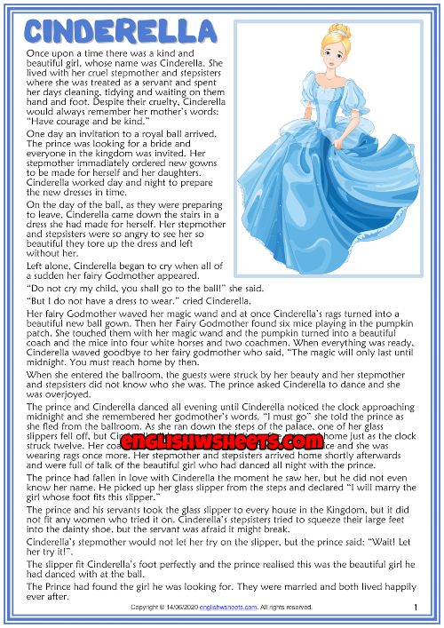 Cinderella ESL Reading Text Worksheet For Kids In 2021 Reading 