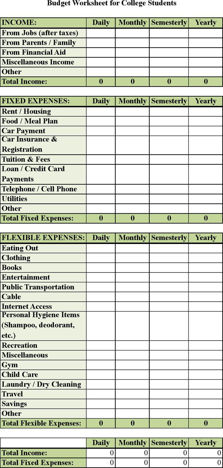 College Student Budget Worksheet Db excel