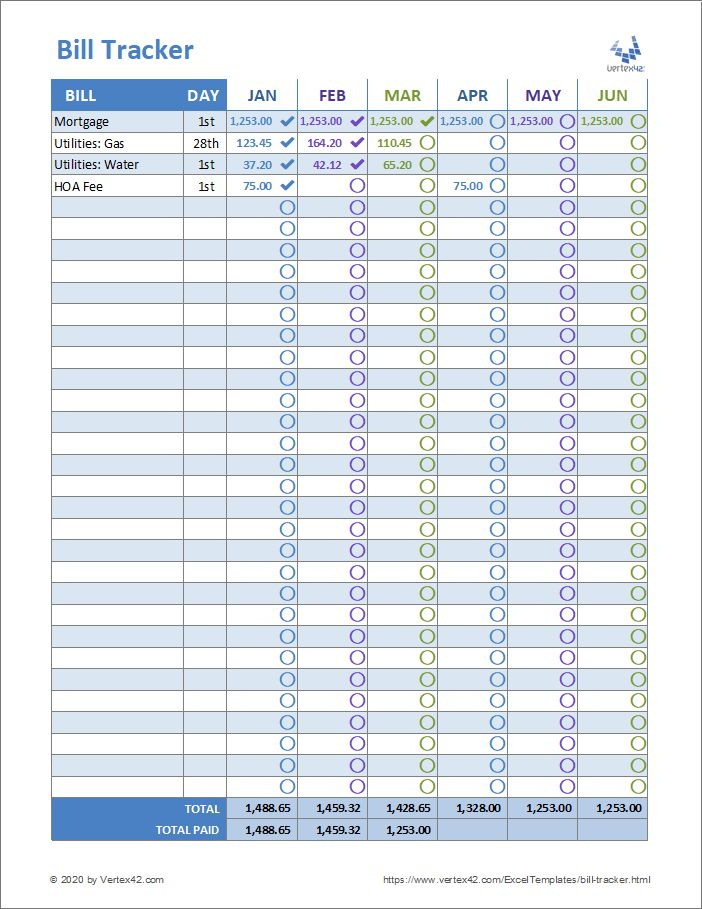 Download The Printable Bill Tracker Worksheet From Vertex42 In 2020 
