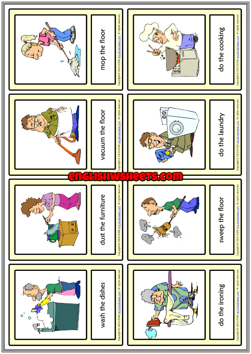 Household Chores ESL Printable Vocabulary Learning Cards