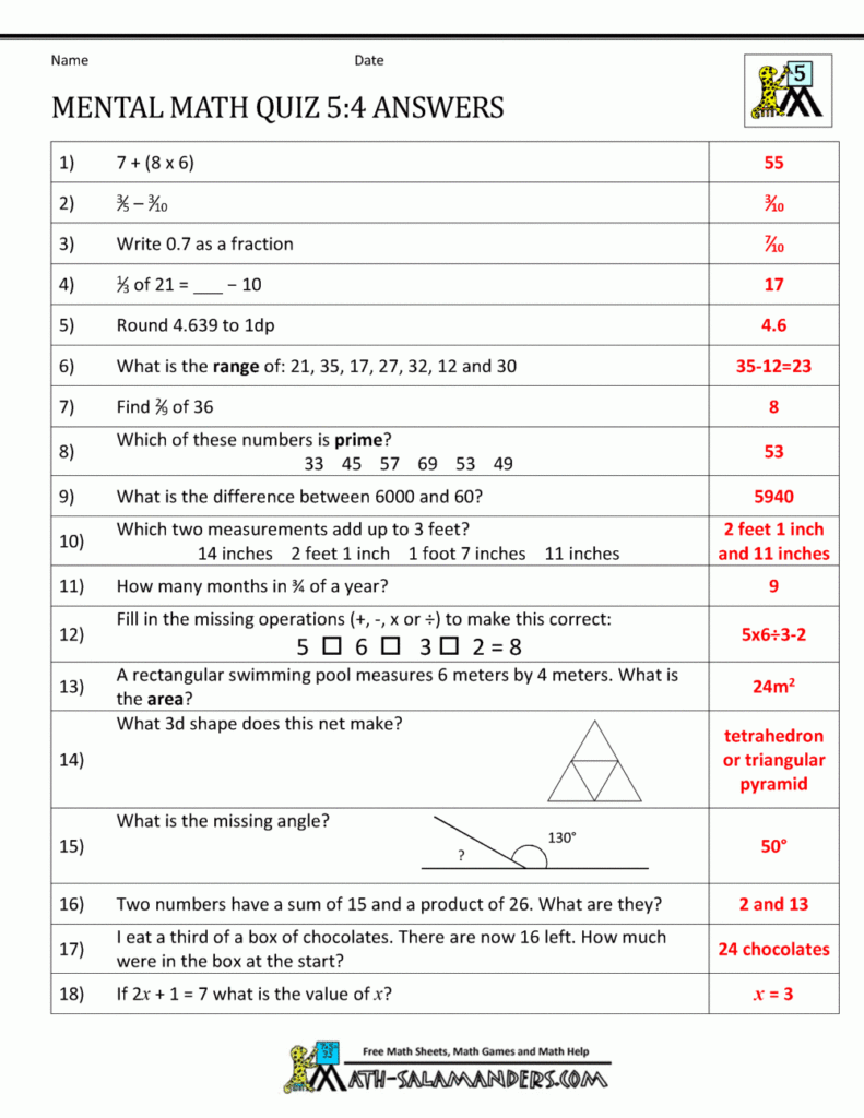 Mental Math 5th Grade