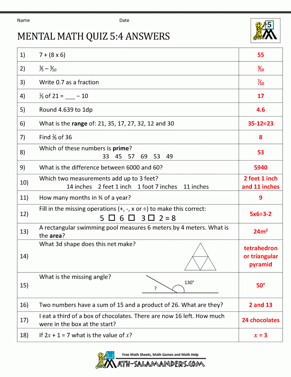 Mental Math 5th Grade