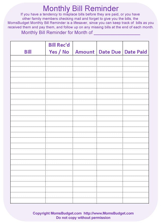 Monthly Bill Reminder Worksheet Free Printable Moms Budget Monthly 