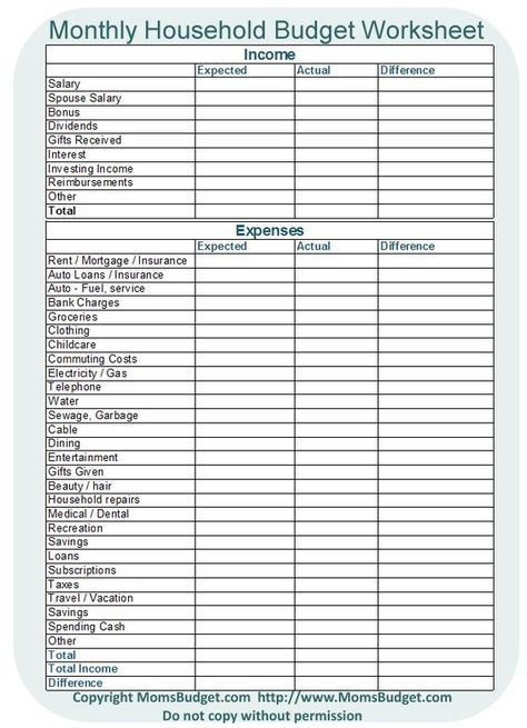 Monthly Household Budget Worksheet Free Printable Worksheet From