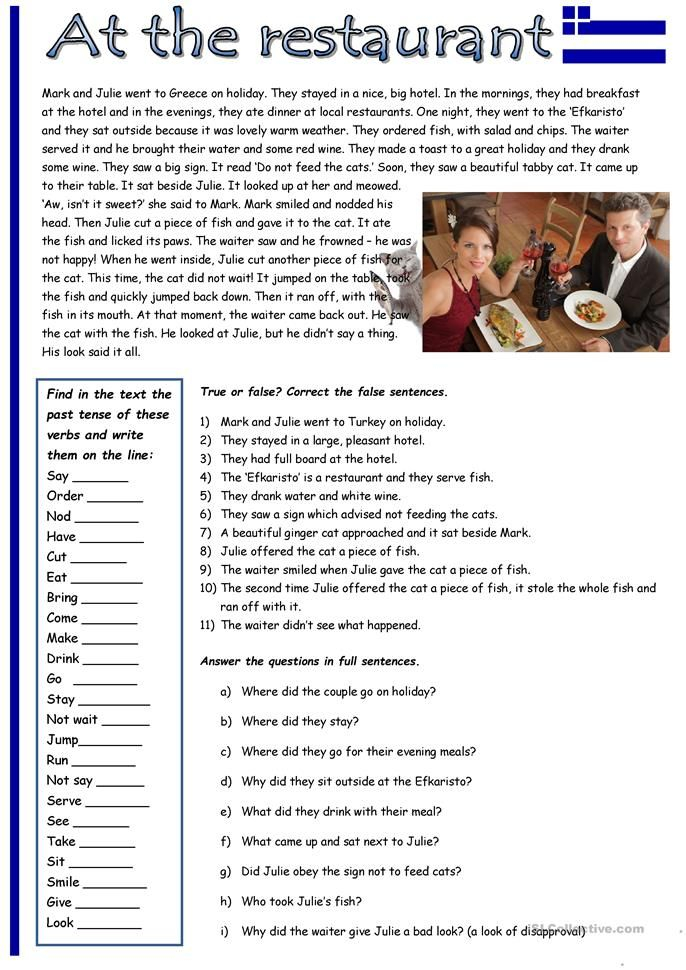 Past Simple Tense Practice At The Restaurant English ESL Worksheets