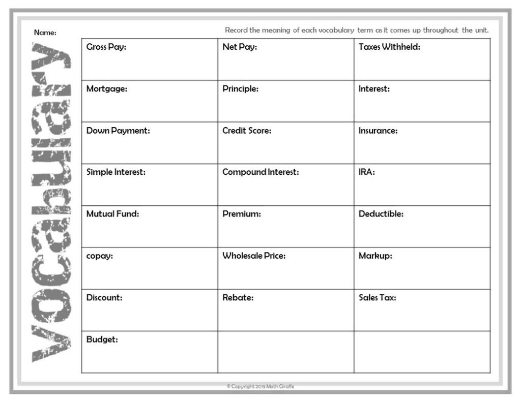 Personal Finance High School Worksheets Personal Financial Planning 