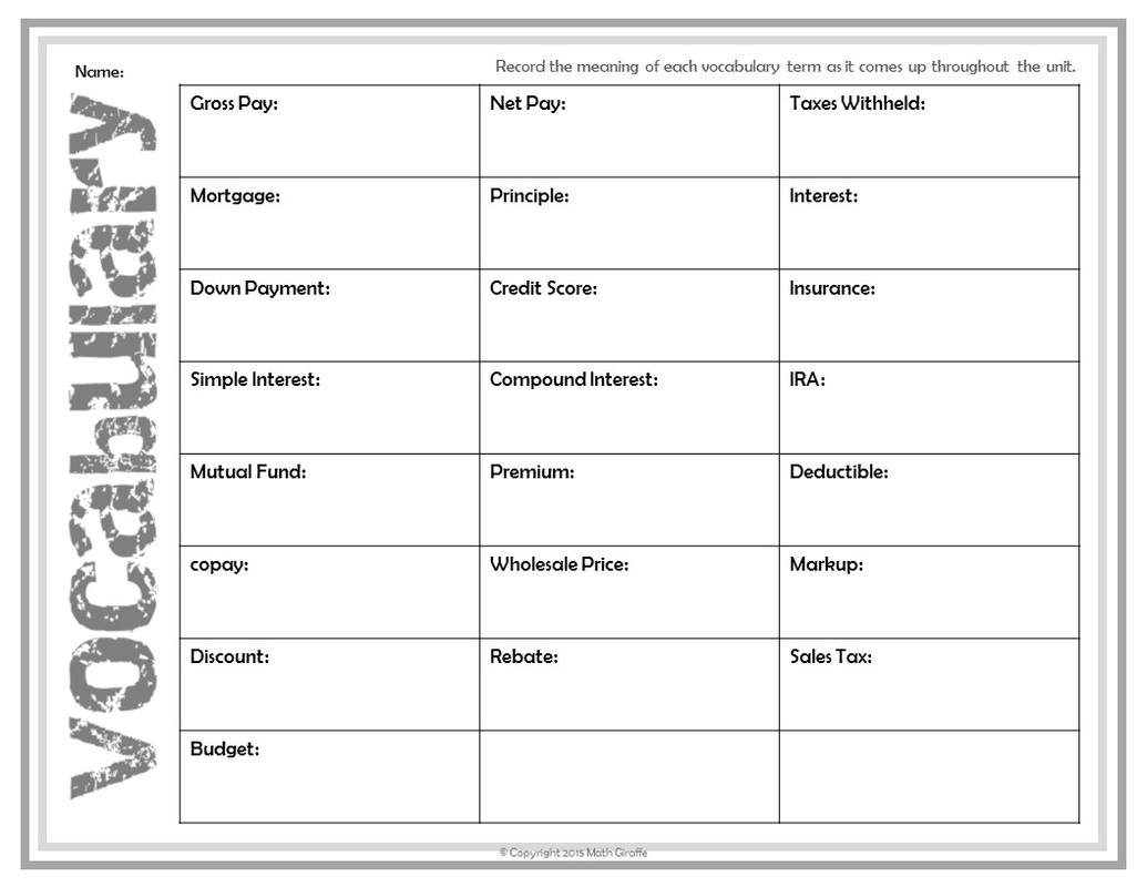 Personal Finance High School Worksheets Personal Financial Planning 