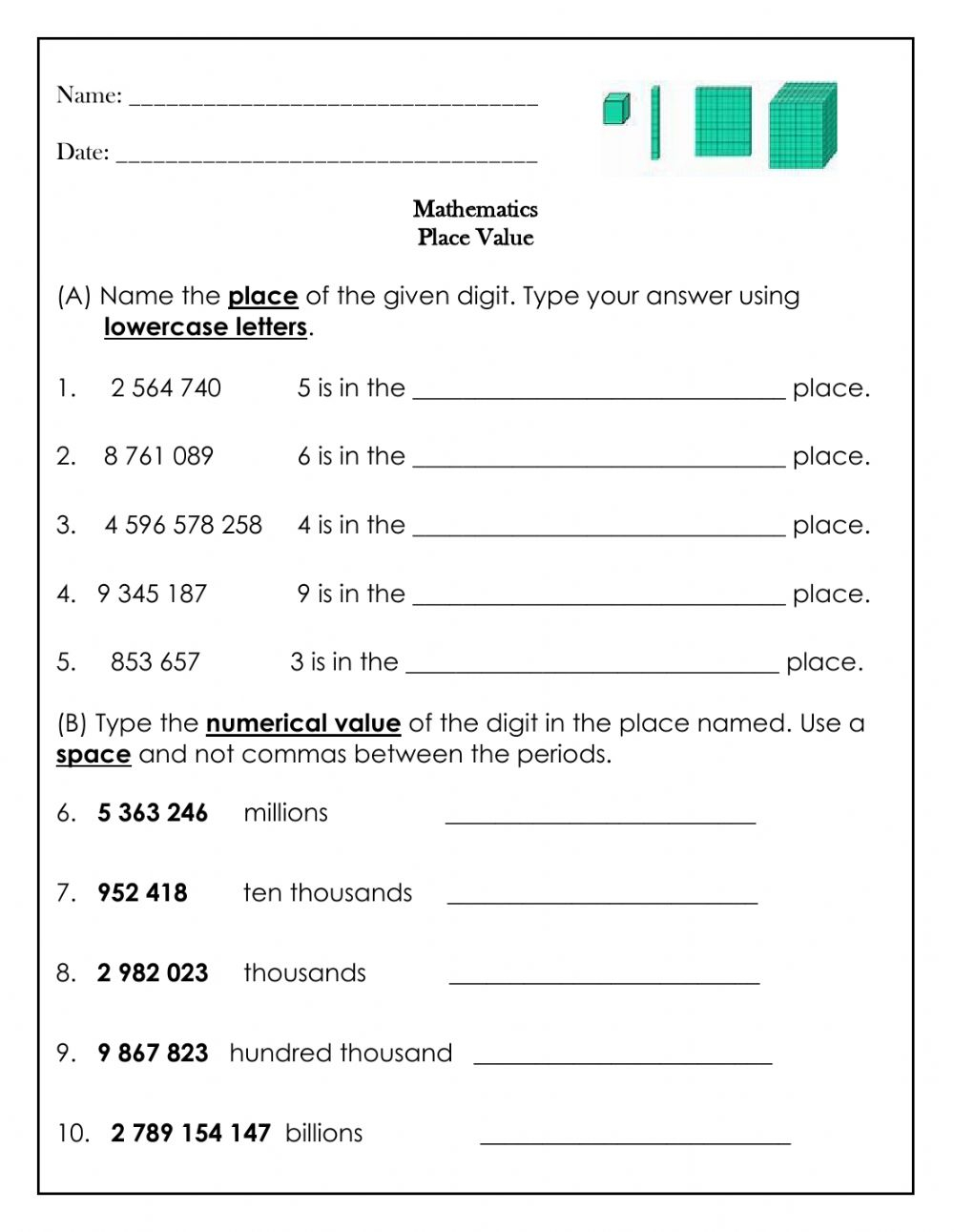 Place Value Worksheet Up To 10 Million Examining Place Value 