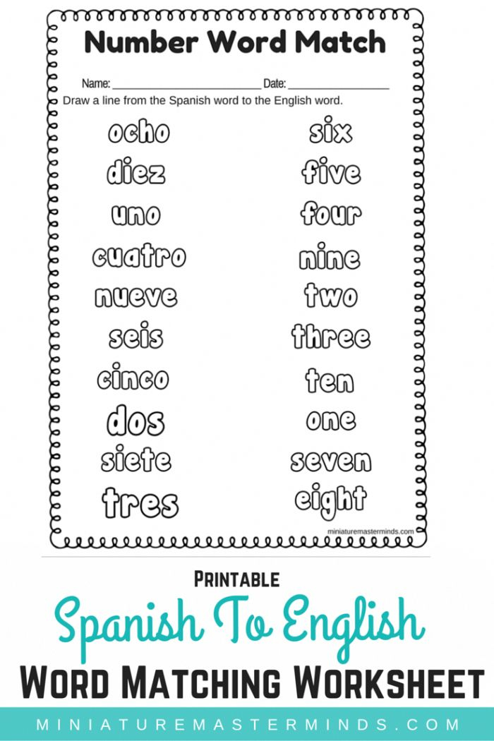 Spanish To English Word Number Printable Matching Worksheet To Go Along 