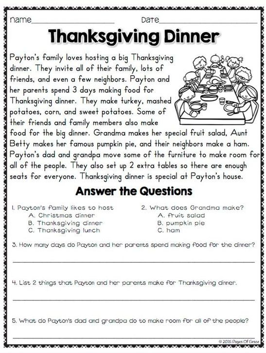 Thanksgiving English Comprehension Worksheets Thanksgiving Reading 
