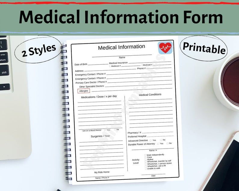 Medical Information Form Emergency Contacts Form Printable Etsy 