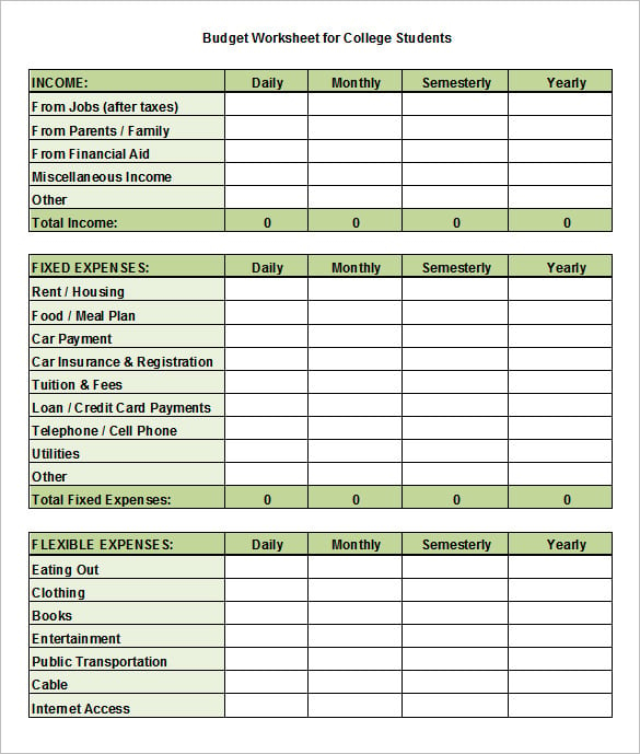 Student Budget Worksheet Excel Excel Templates