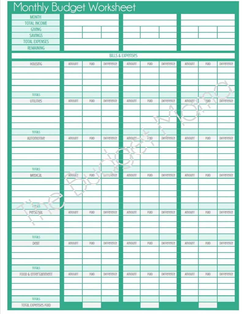 The Printable Budget Worksheet Is Shown In Green And Has Two Bills On It