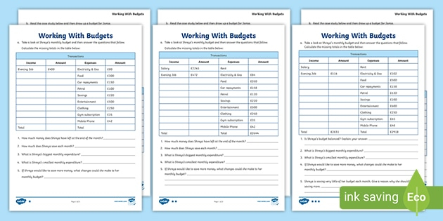 Working With Budgets Differentiated Worksheets
